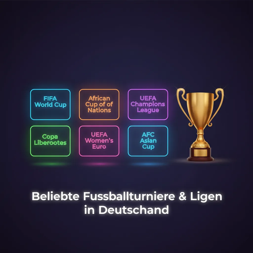 Beliebte Fußballturniere und Ligen in Deutschland: Bundesliga, DFB-Pokal, Champions League, WM, Premier League.