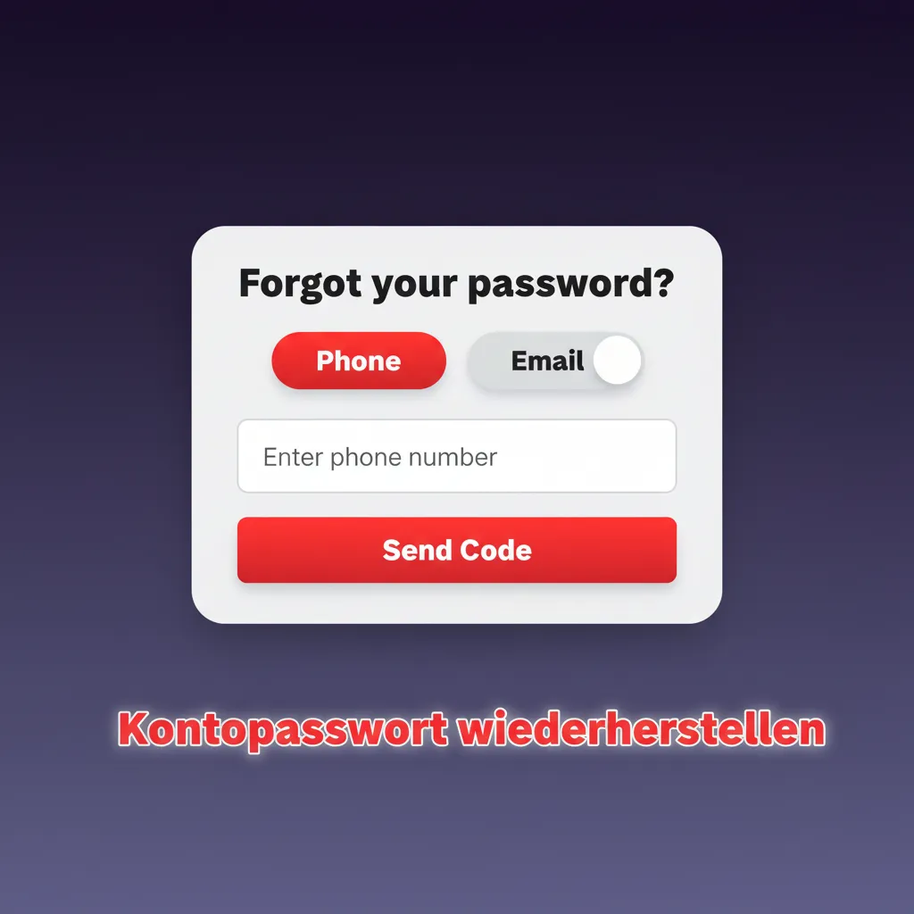 Kontopasswort zurücksetzen: Login öffnen, Passwort vergessen, E-Mail/SMS-Code, neues Passwort, 2FA prüfen