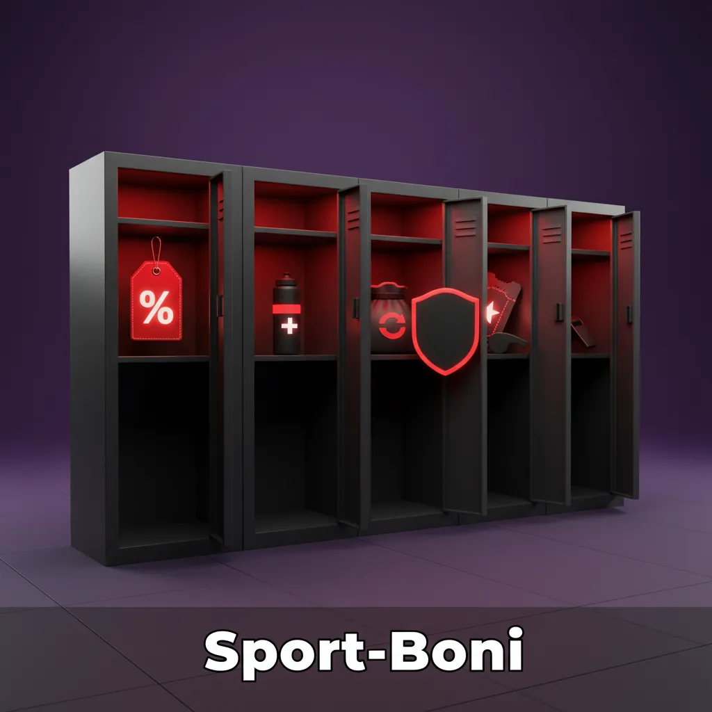 Sport-Boni Übersicht: Kombi-Booster (50%), Kombi-Versicherung (50% Freebet), Wochen-Cashback (10%), E-Sport Freebet (20%)