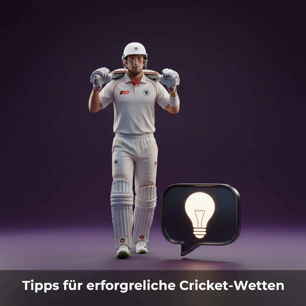 Infografik zu Cricket-Wetten: Tipps zu Teamform, Spielerstatus, Wetter/Pitch, Toss, Format, Ground, Bankroll und Quoten.