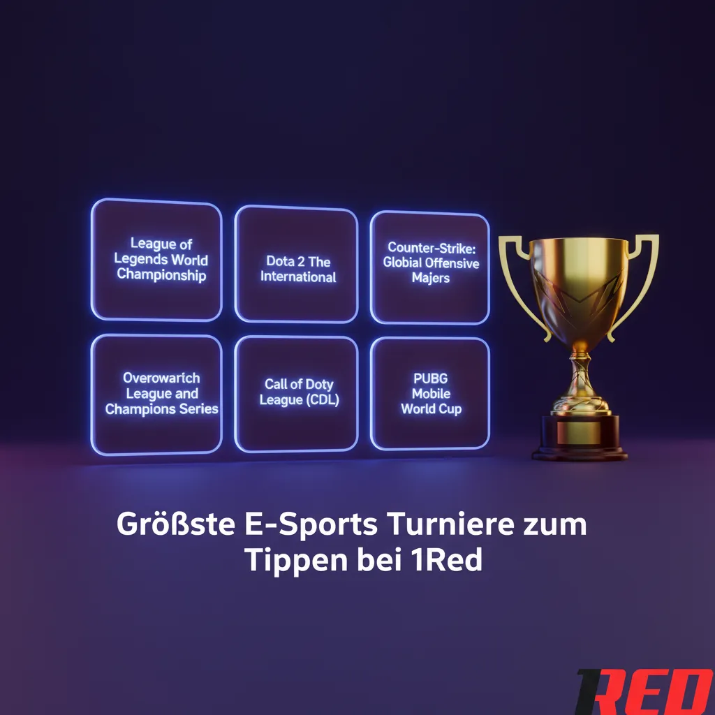 Übersichtstabelle der größten E‑Sports‑Turniere bei 1Red: CS2, Dota 2, LoL, Valorant, StarCraft II, R6 Siege, Rocket League
