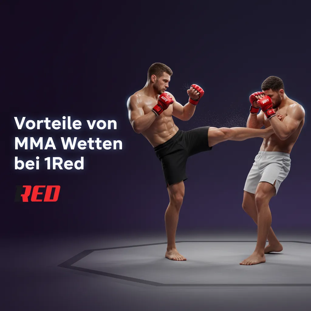 Infografik: Vorteile von MMA-Wetten bei 1Red – Dezimalquoten, breite Märkte, Live-Wetten, Cashout, Regeln, KYC, Event-Center.
